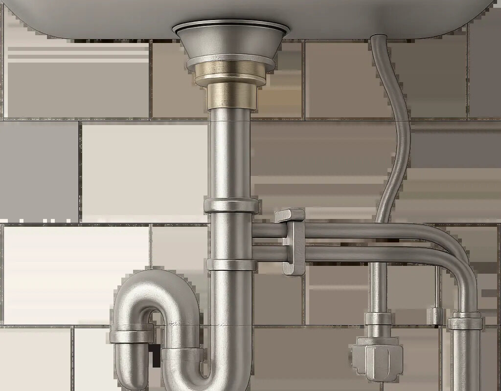 Illustration réaliste d’un siphon pour évier en inox et laiton installé sous un évier de cuisine. L’image évoque la durabilité, la propreté et la protection contre les bouchons et les mauvaises odeurs.