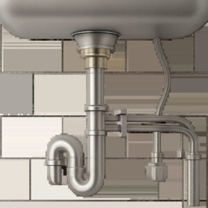 Illustration réaliste d’un siphon pour évier en inox et laiton installé sous un évier de cuisine. L’image évoque la durabilité, la propreté et la protection contre les bouchons et les mauvaises odeurs.