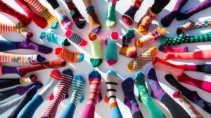 Une vue de dessus en plongée montre de nombreuses paires de jambes portant une collection joyeuse de chaussettes fantaisie fabriquées en France, alignées en cercle sur un sol blanc et net.