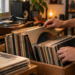 Collection de vinyles vintage triée à proximité d’une platine vinyle
