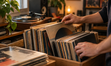 Collection de vinyles vintage triée à proximité d’une platine vinyle