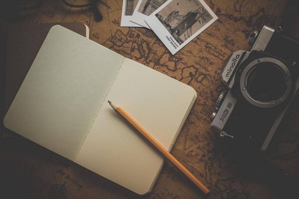 Carnet, crayon, appareil photo, photos, carte