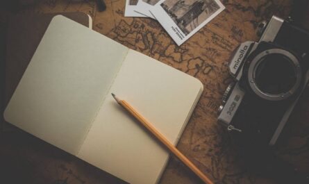 Carnet, crayon, appareil photo, photos, carte