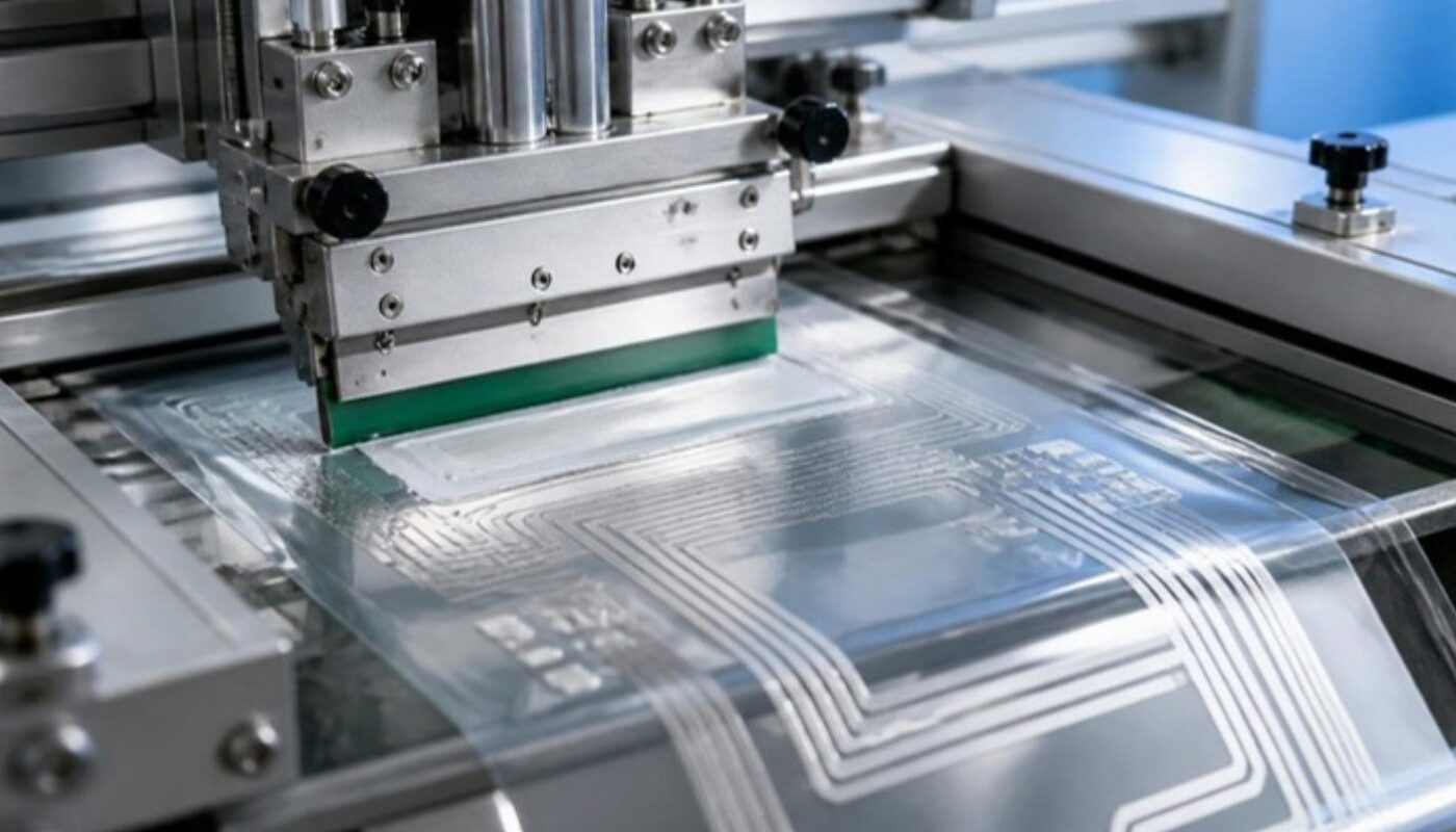 Machine de sérigraphie imprimant des pistes conductrices sur un film plastique