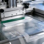 Machine de sérigraphie imprimant des pistes conductrices sur un film plastique